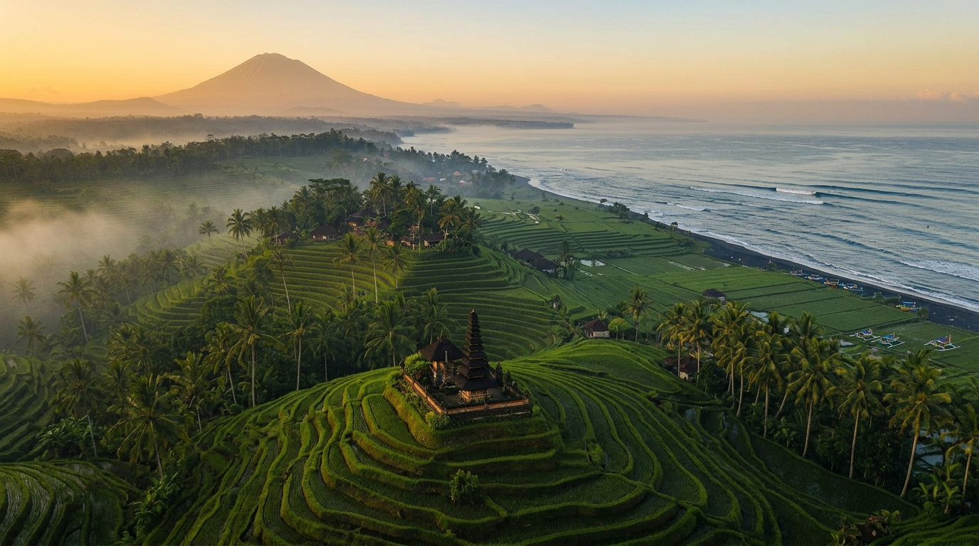 Aerial of Jatiluwih rice terraces with a temple at dawn, Mount Agung in the distance